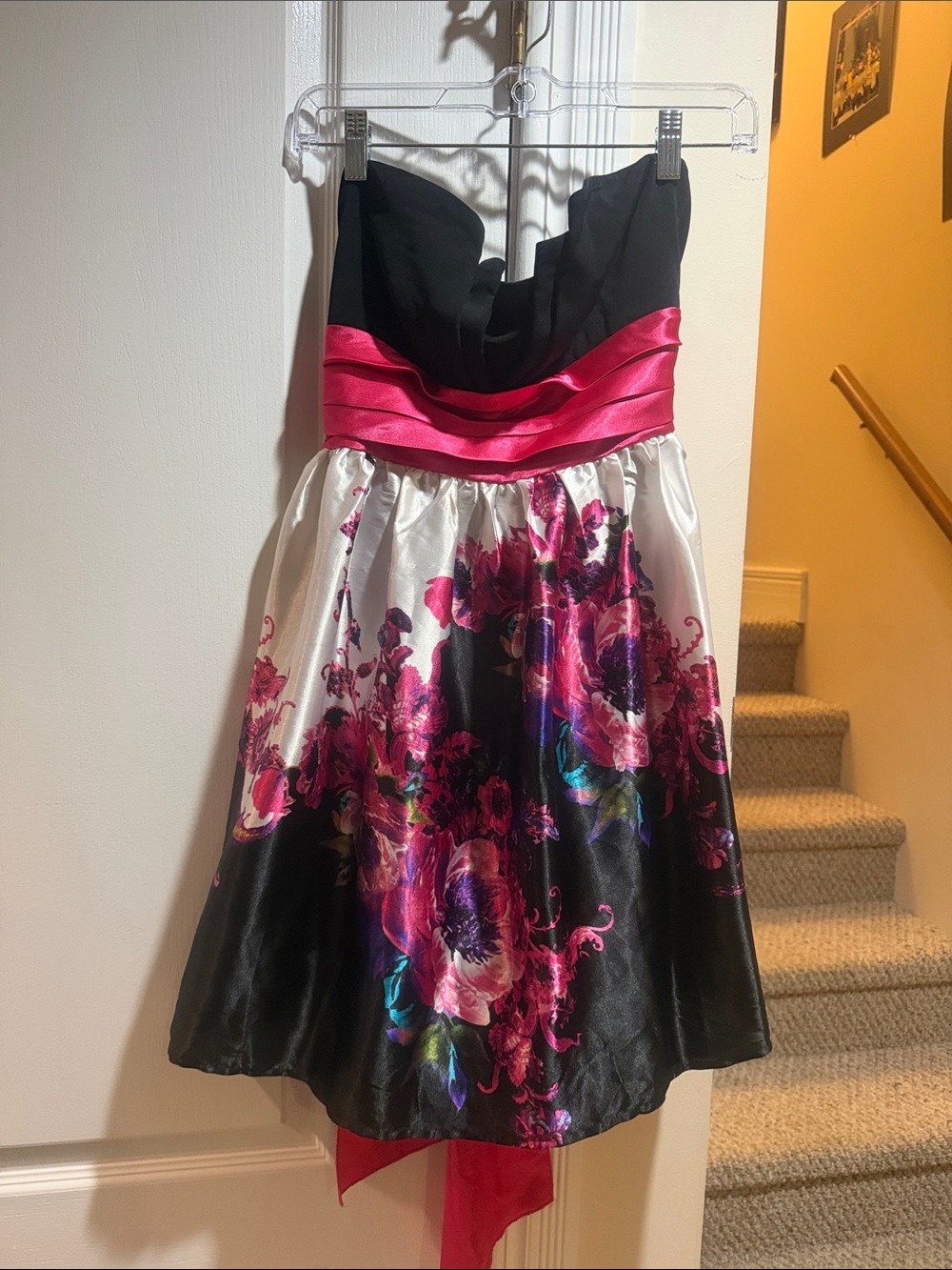 Trixxi Black Strapless Floral Fit-and-Flare Dress with Fuchsia Sash